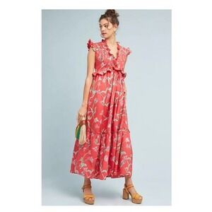 Banjanan Iris Floral Dress Womens Sz M Maxi Cotton Tiered Cottagecore Boho